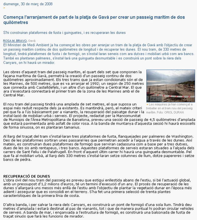Notícia publicada al diari EL PUNT sobre la construcció del nou tram del passeig marítim de Gavà Mar (30 de març de 2008)